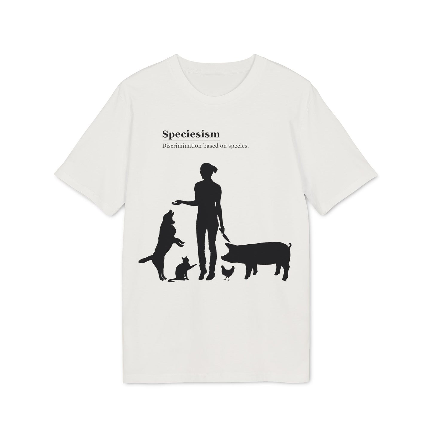 Speciesism Definition - Unisex T-Shirt - Woman with Dog, Cat, Pig, and Chicken