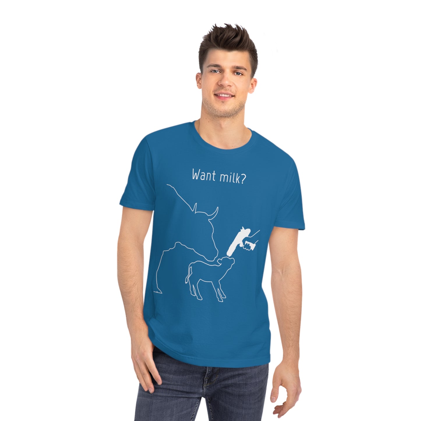 Want Milk? - Unisex Rocker T-shirt - Confronting Milk consumers with Mother Cow, Calf and bolt gun