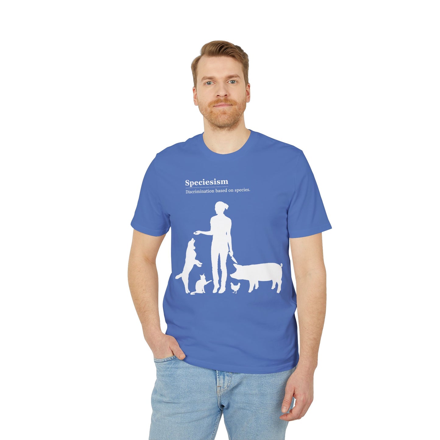 Speciesism Definition - Unisex T-Shirt - Woman with Dog, Cat, Pig, and Chicken
