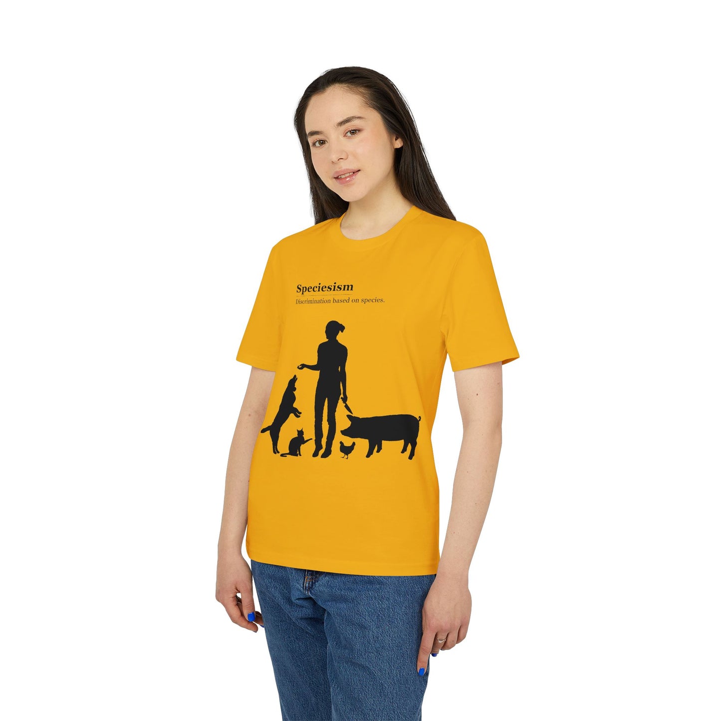 Speciesism Definition - Unisex T-Shirt - Woman with Dog, Cat, Pig, and Chicken