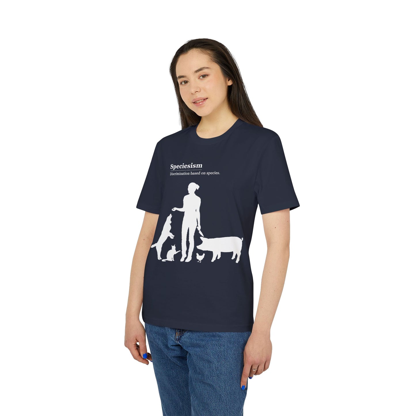 Speciesism Definition - Unisex T-Shirt - Woman with Dog, Cat, Pig, and Chicken