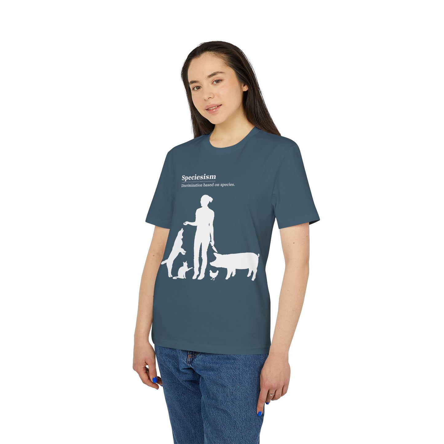 Speciesism Definition - Unisex T-Shirt - Woman with Dog, Cat, Pig, and Chicken
