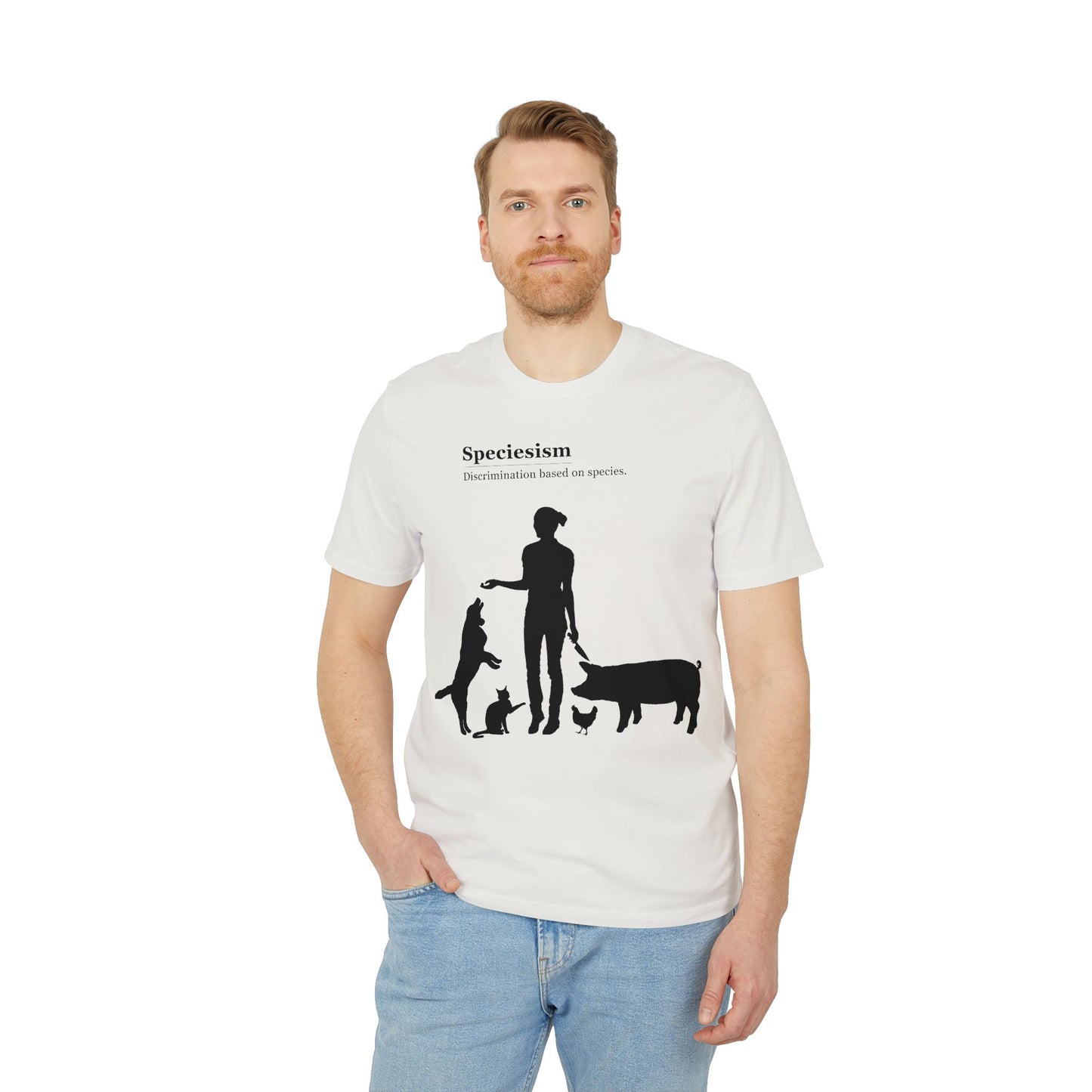 Speciesism Definition - Unisex T-Shirt - Woman with Dog, Cat, Pig, and Chicken