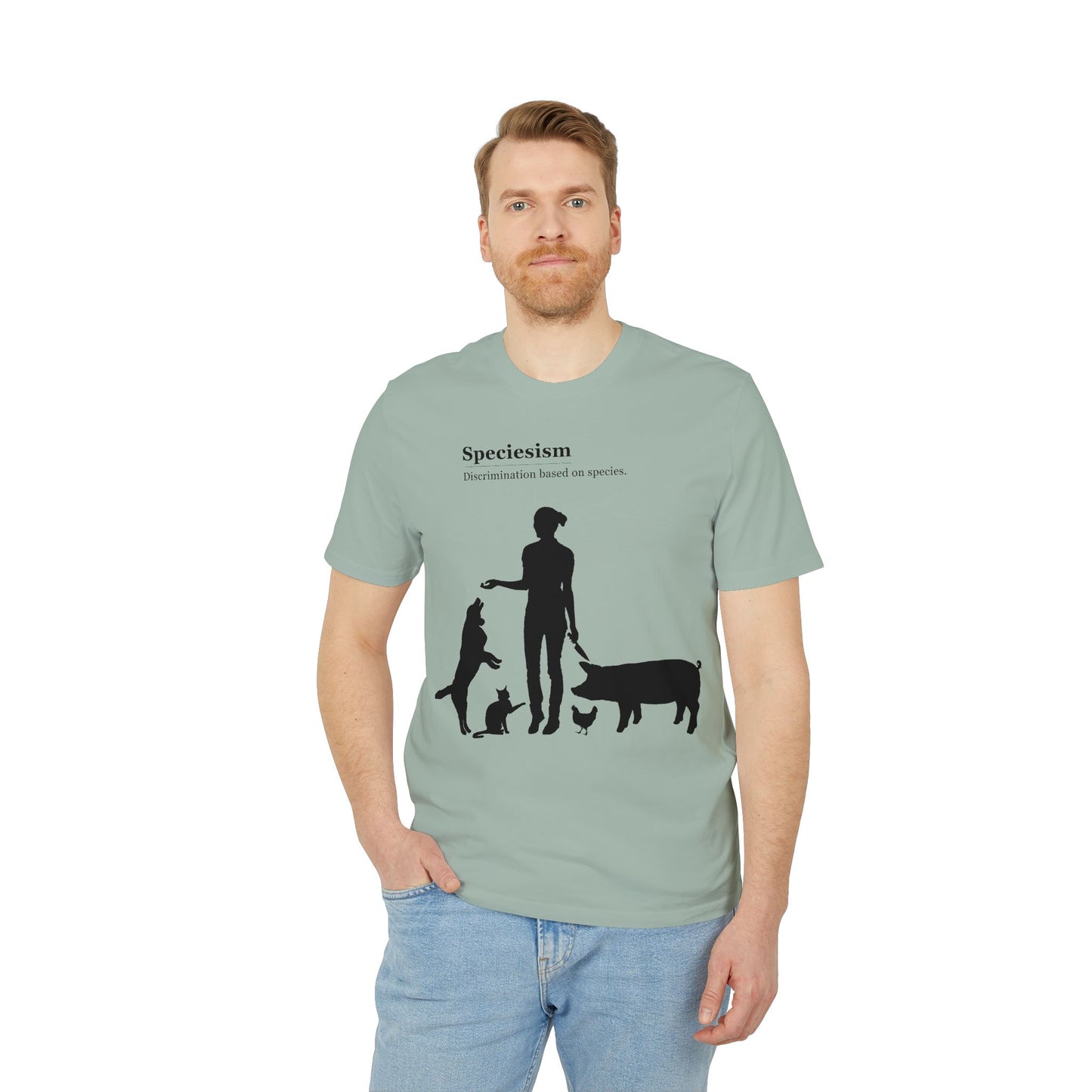 Speciesism Definition - Unisex T-Shirt - Woman with Dog, Cat, Pig, and Chicken