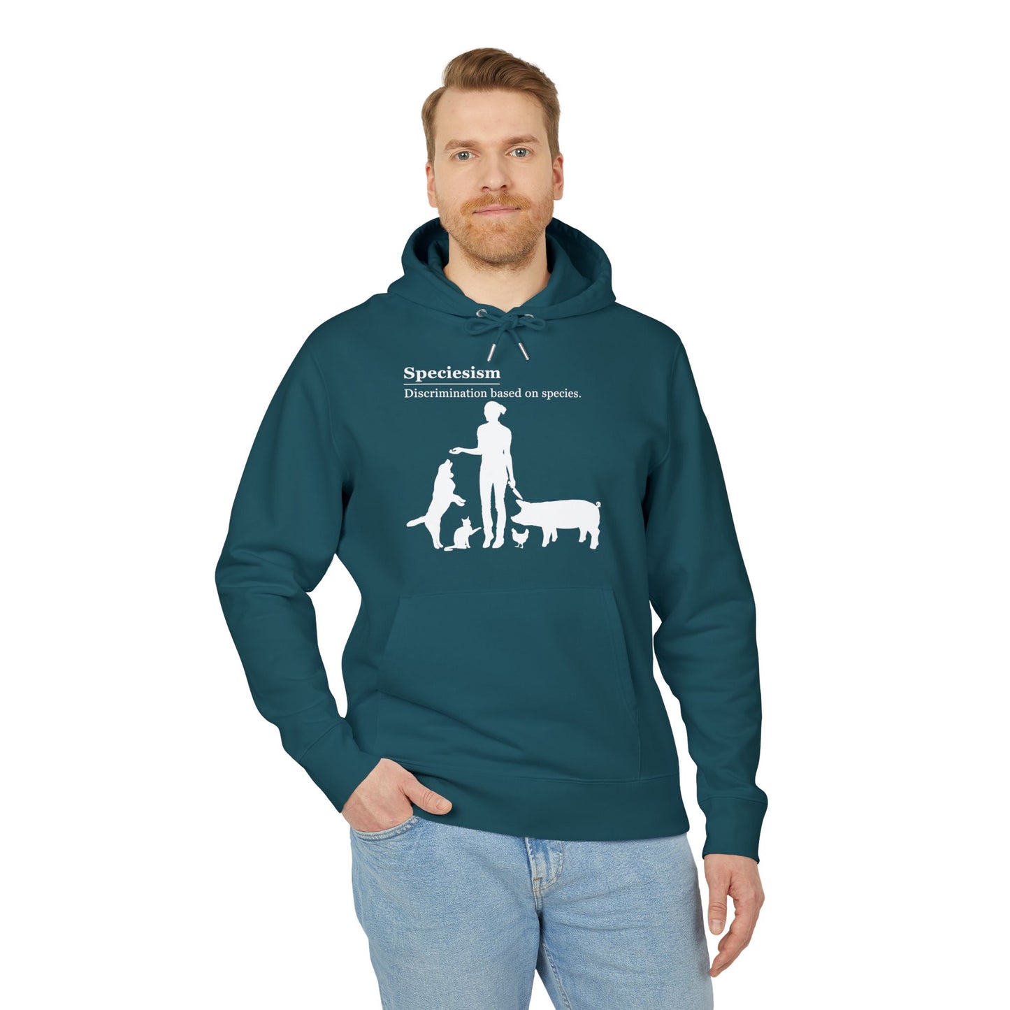 Speciesism Definition - Unisex Hoodie - Woman with Dog, Cat, Pig, and Chicken
