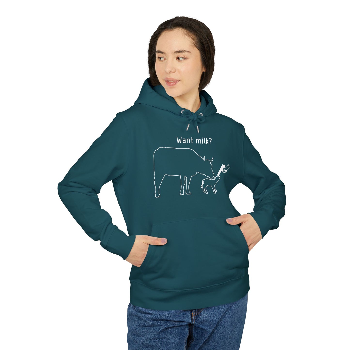 Want Milk? - Unisex Hoodie - Confronting Milk consumers with Mother Cow, Calf and bolt gun