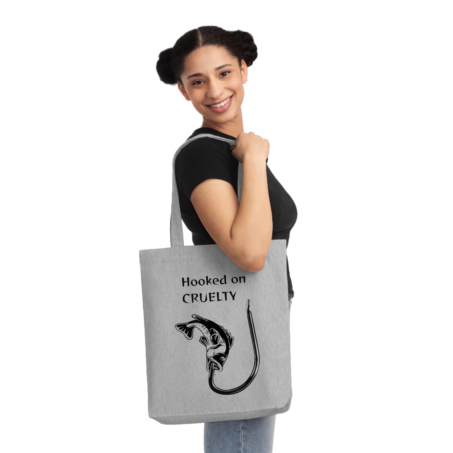 Hooked on Cruelty - Woven Tote Bag - Graphic Design Against Fishing - Catch the eye of fishermen
