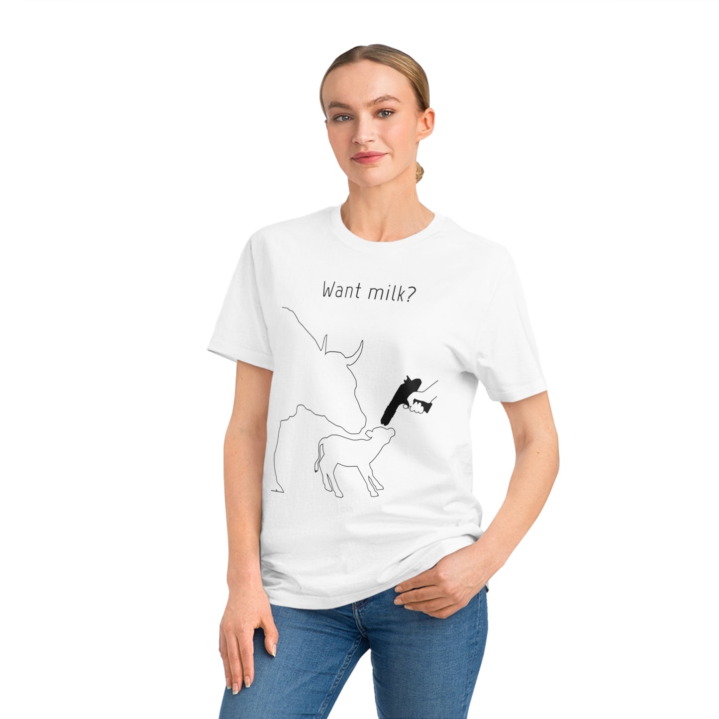 Want Milk? - Unisex Rocker T-shirt - Confronting Milk consumers with Mother Cow, Calf and bolt gun