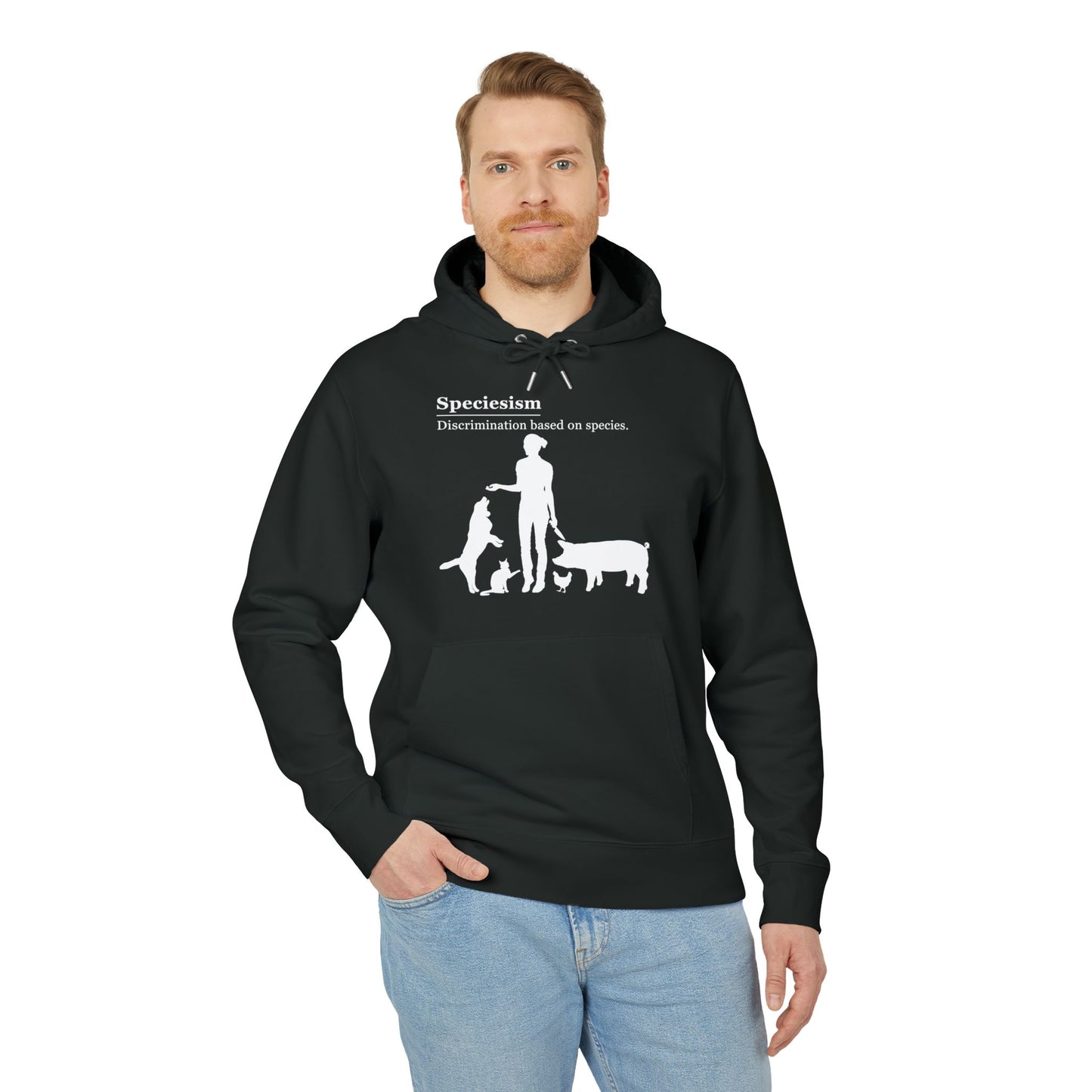 Speciesism Definition - Unisex Hoodie - Woman with Dog, Cat, Pig, and Chicken