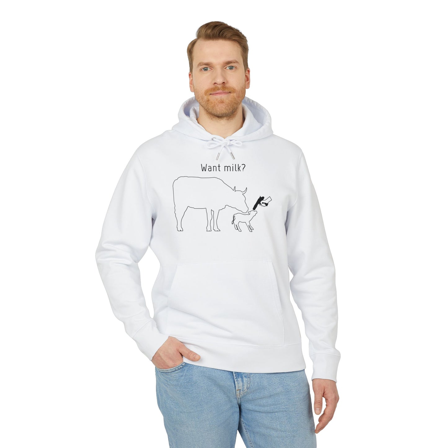 Want Milk? - Unisex Hoodie - Confronting Milk consumers with Mother Cow, Calf and bolt gun