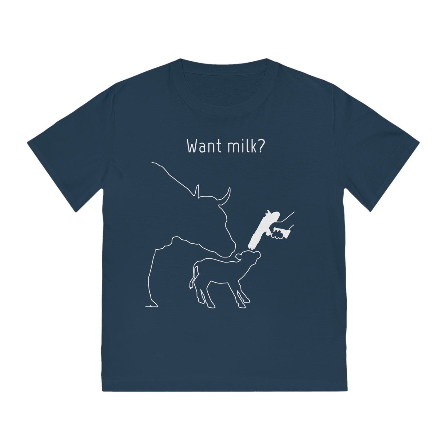 Want Milk? - Unisex Rocker T-shirt - Confronting Milk consumers with Mother Cow, Calf and bolt gun