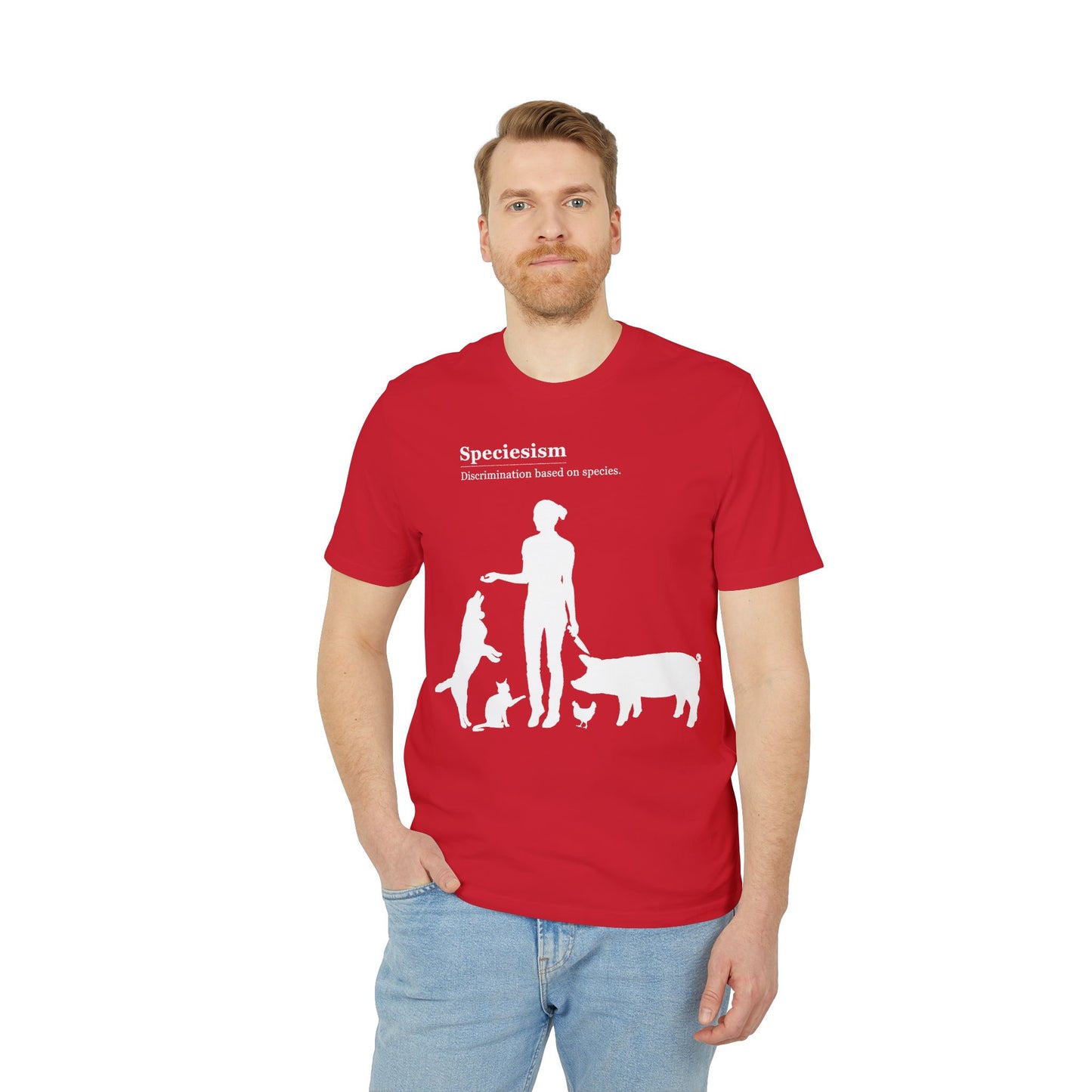 Speciesism Definition - Unisex T-Shirt - Woman with Dog, Cat, Pig, and Chicken
