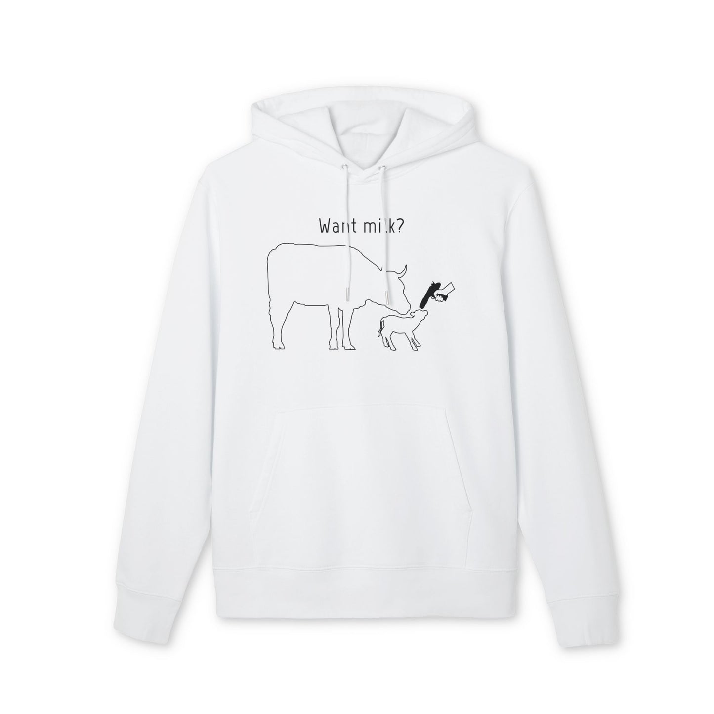 Want Milk? - Unisex Hoodie - Confronting Milk consumers with Mother Cow, Calf and bolt gun