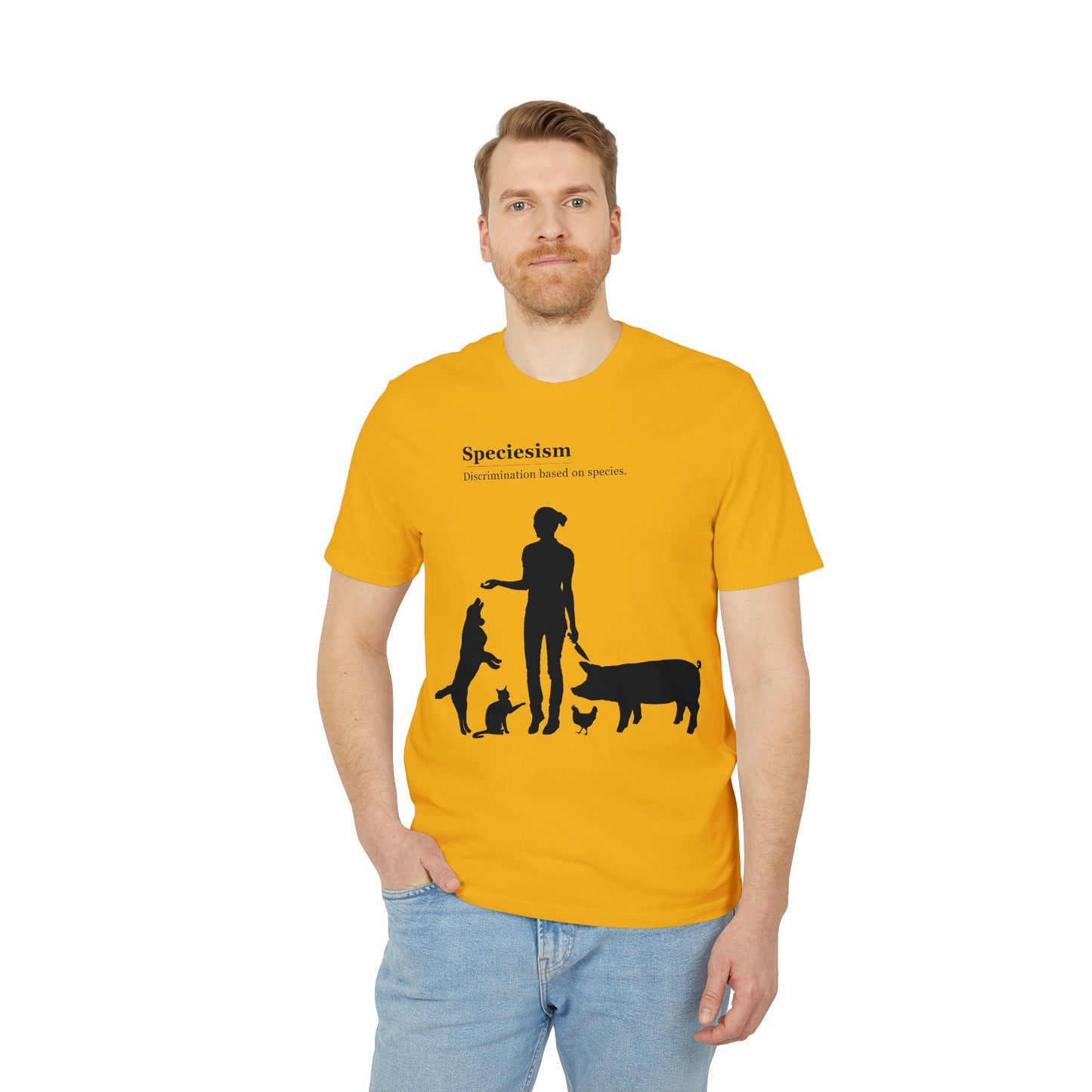 Speciesism Definition - Unisex T-Shirt - Woman with Dog, Cat, Pig, and Chicken
