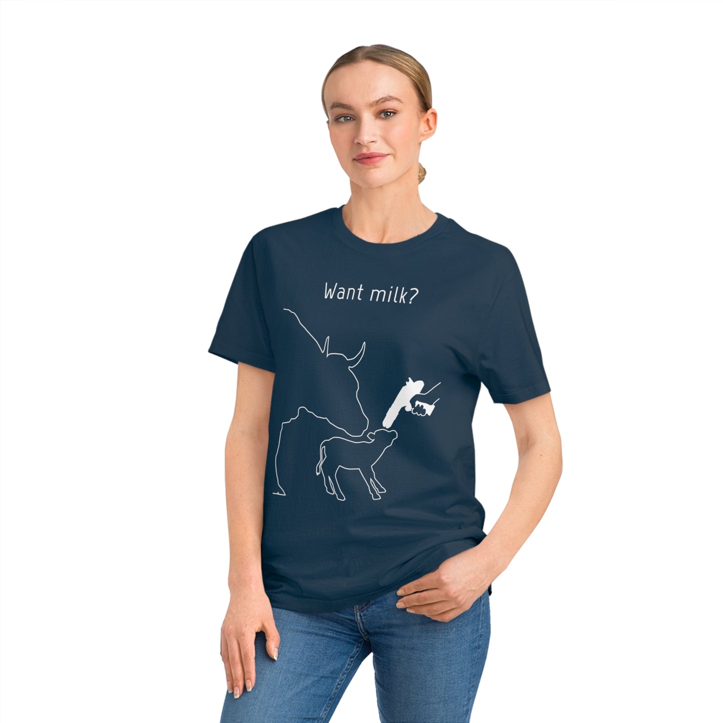 Want Milk? - Unisex Rocker T-shirt - Confronting Milk consumers with Mother Cow, Calf and bolt gun