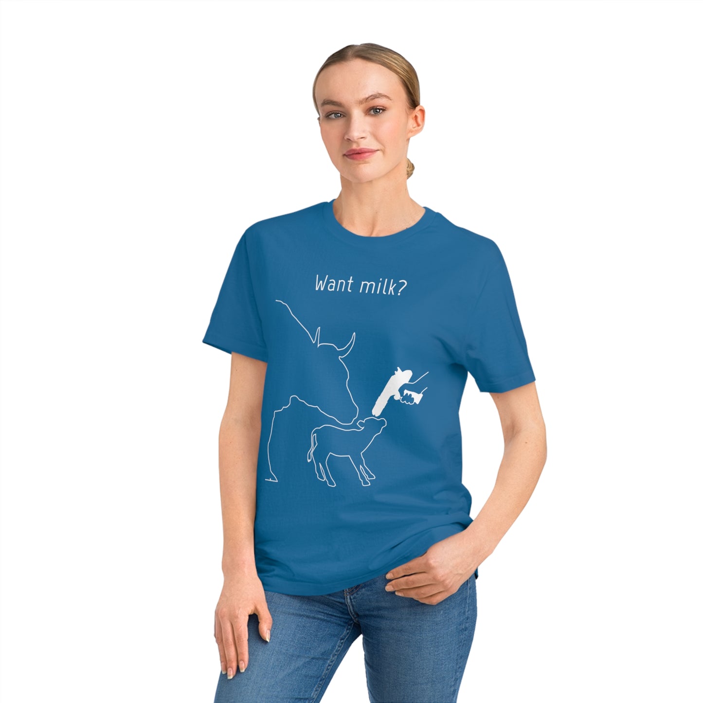 Want Milk? - Unisex Rocker T-shirt - Confronting Milk consumers with Mother Cow, Calf and bolt gun