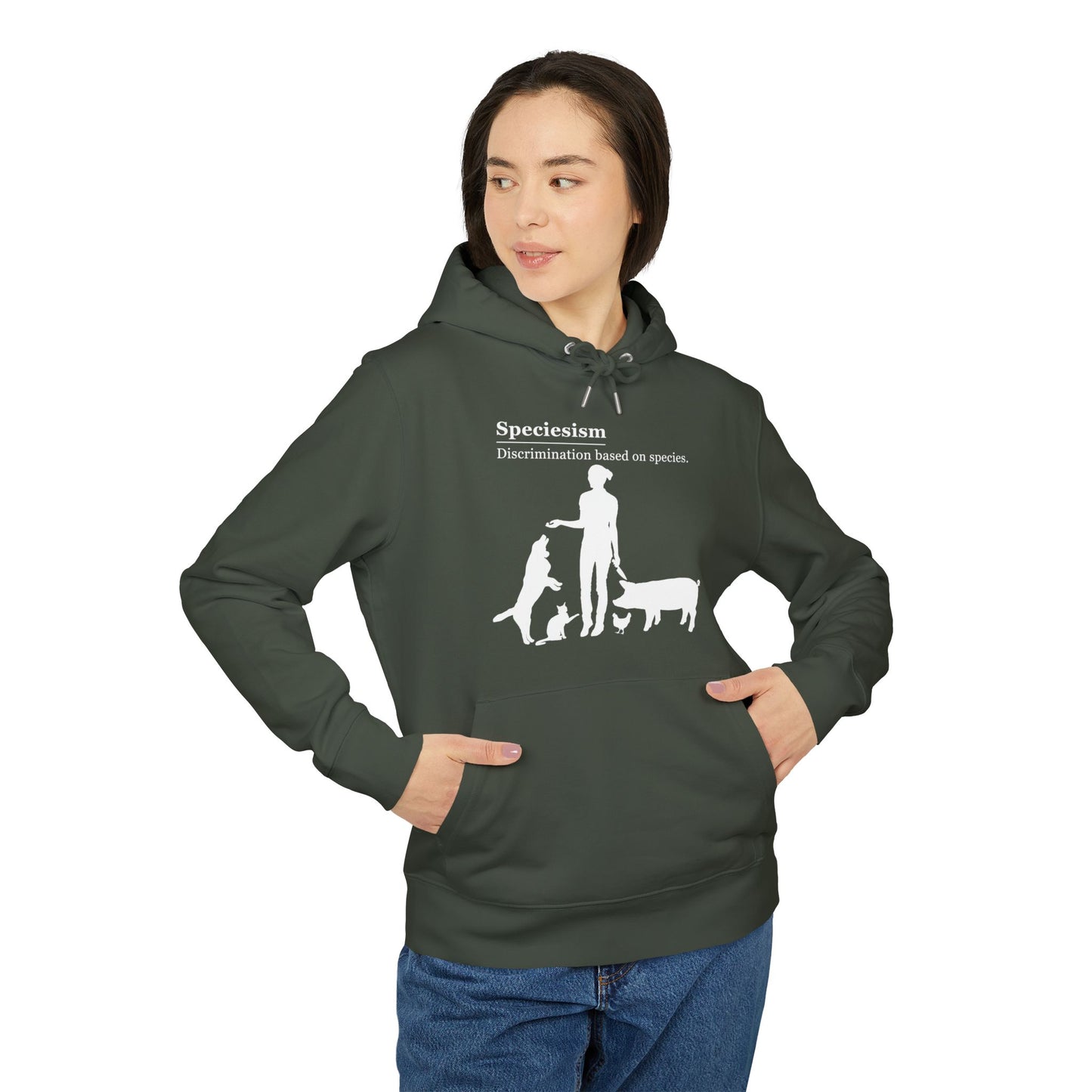 Speciesism Definition - Unisex Hoodie - Woman with Dog, Cat, Pig, and Chicken