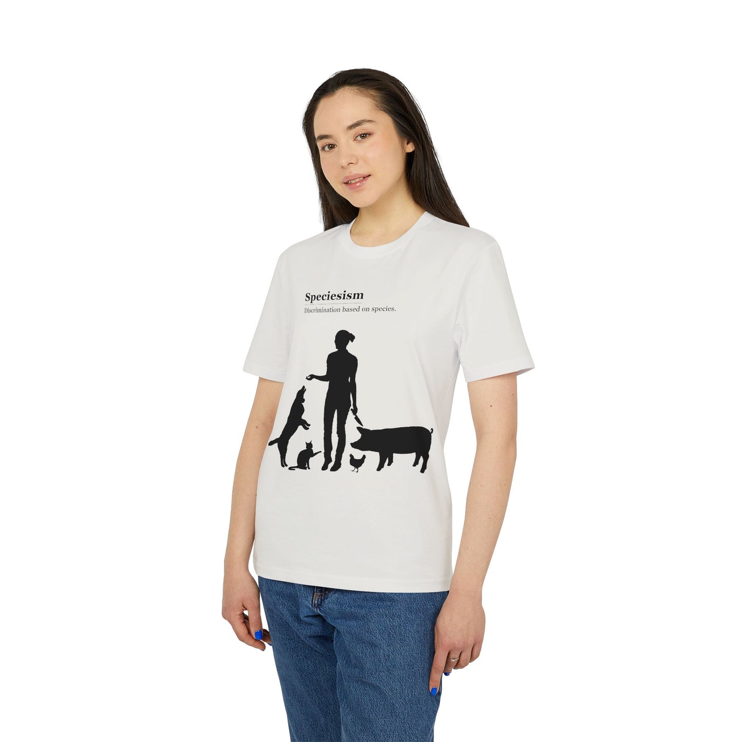 Speciesism Definition - Unisex T-Shirt - Woman with Dog, Cat, Pig, and Chicken