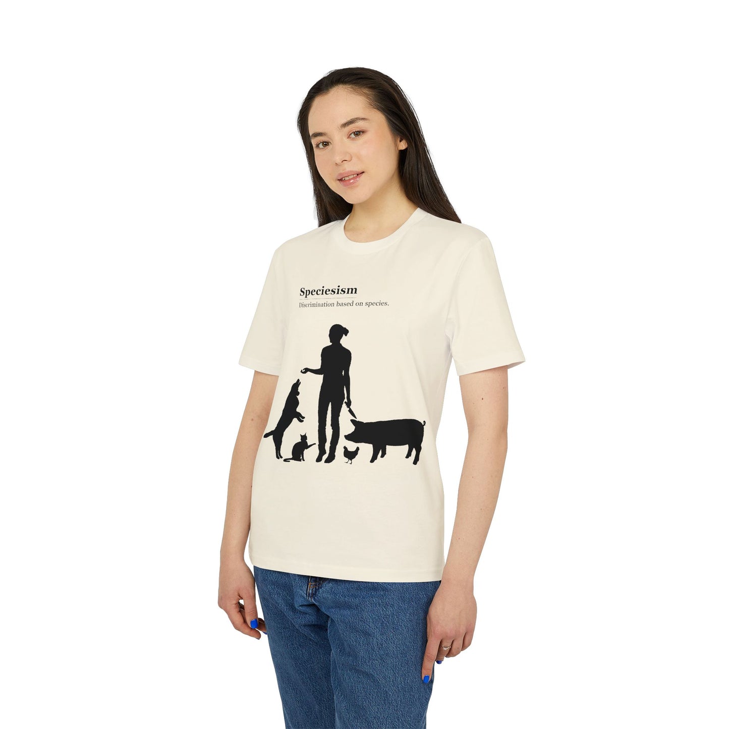 Speciesism Definition - Unisex T-Shirt - Woman with Dog, Cat, Pig, and Chicken