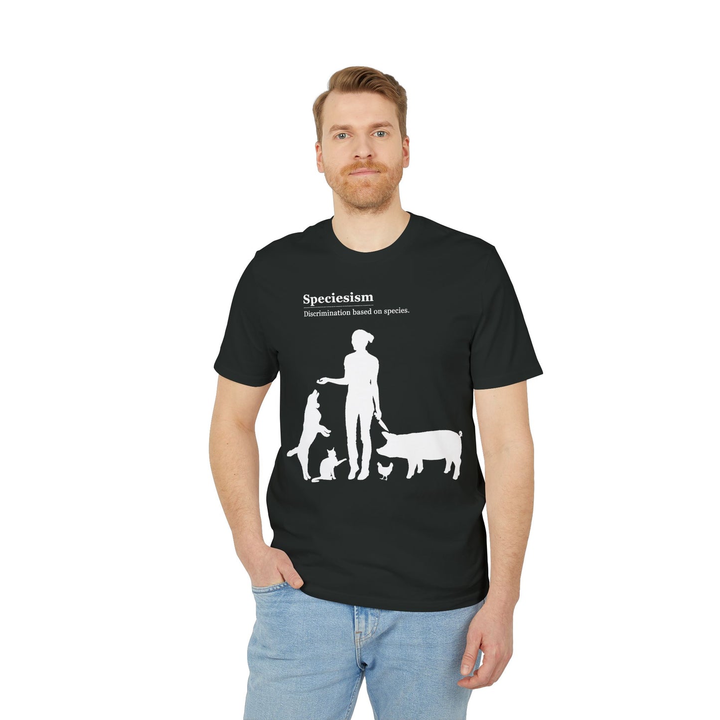 Speciesism Definition - Unisex T-Shirt - Woman with Dog, Cat, Pig, and Chicken