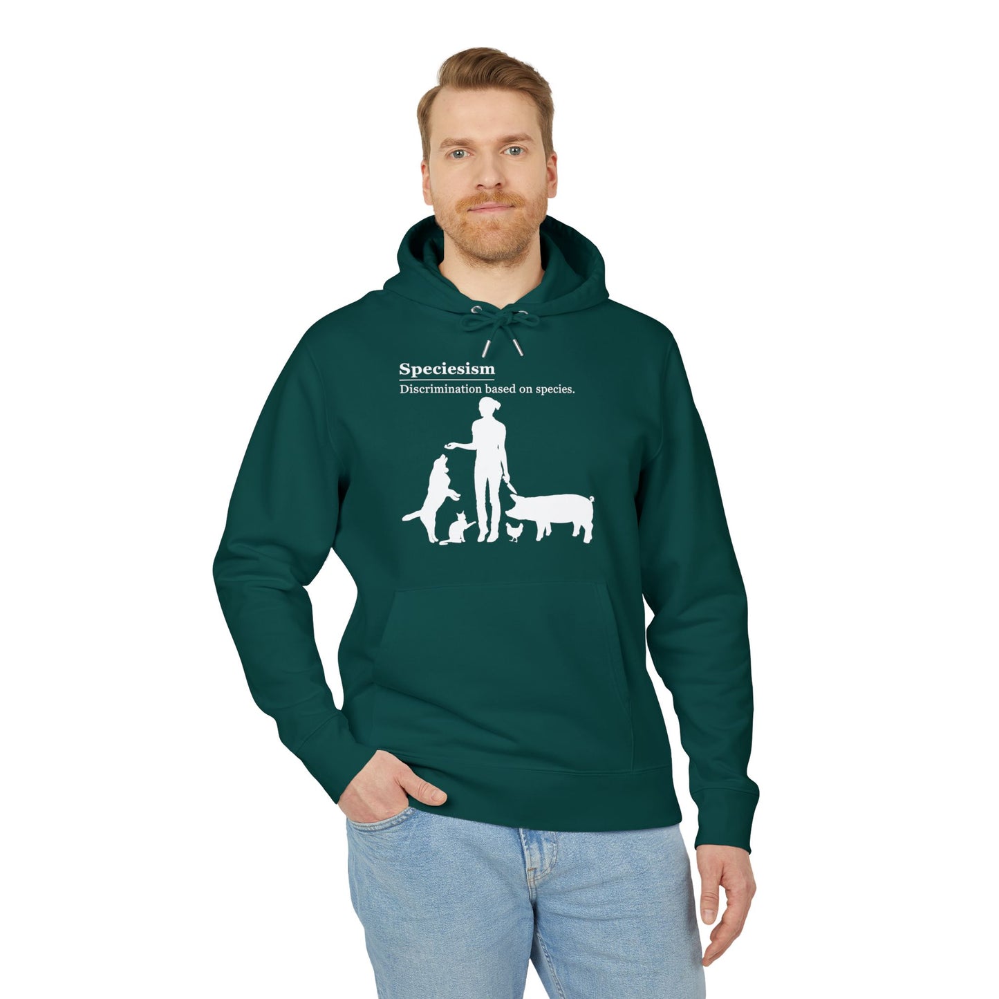Speciesism Definition - Unisex Hoodie - Woman with Dog, Cat, Pig, and Chicken