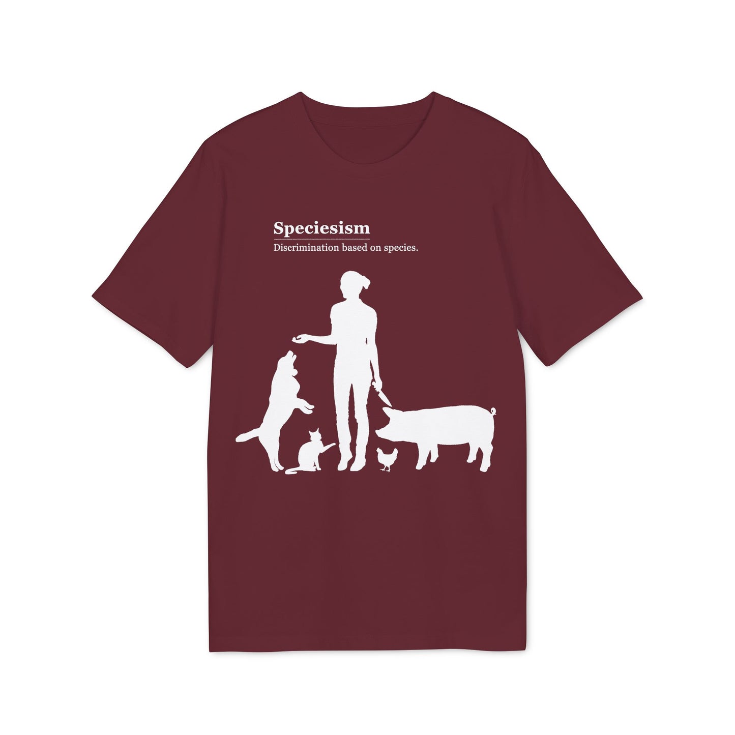 Speciesism Definition - Unisex T-Shirt - Woman with Dog, Cat, Pig, and Chicken