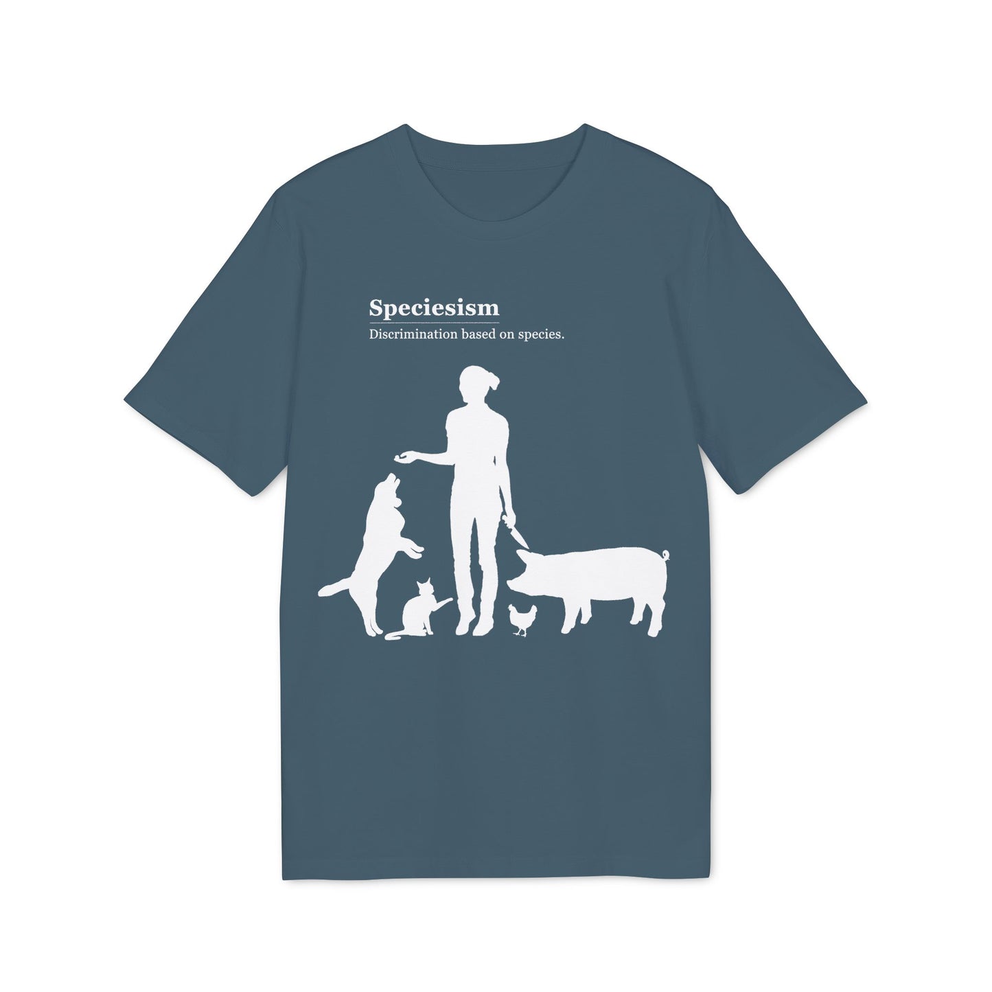 Speciesism Definition - Unisex T-Shirt - Woman with Dog, Cat, Pig, and Chicken