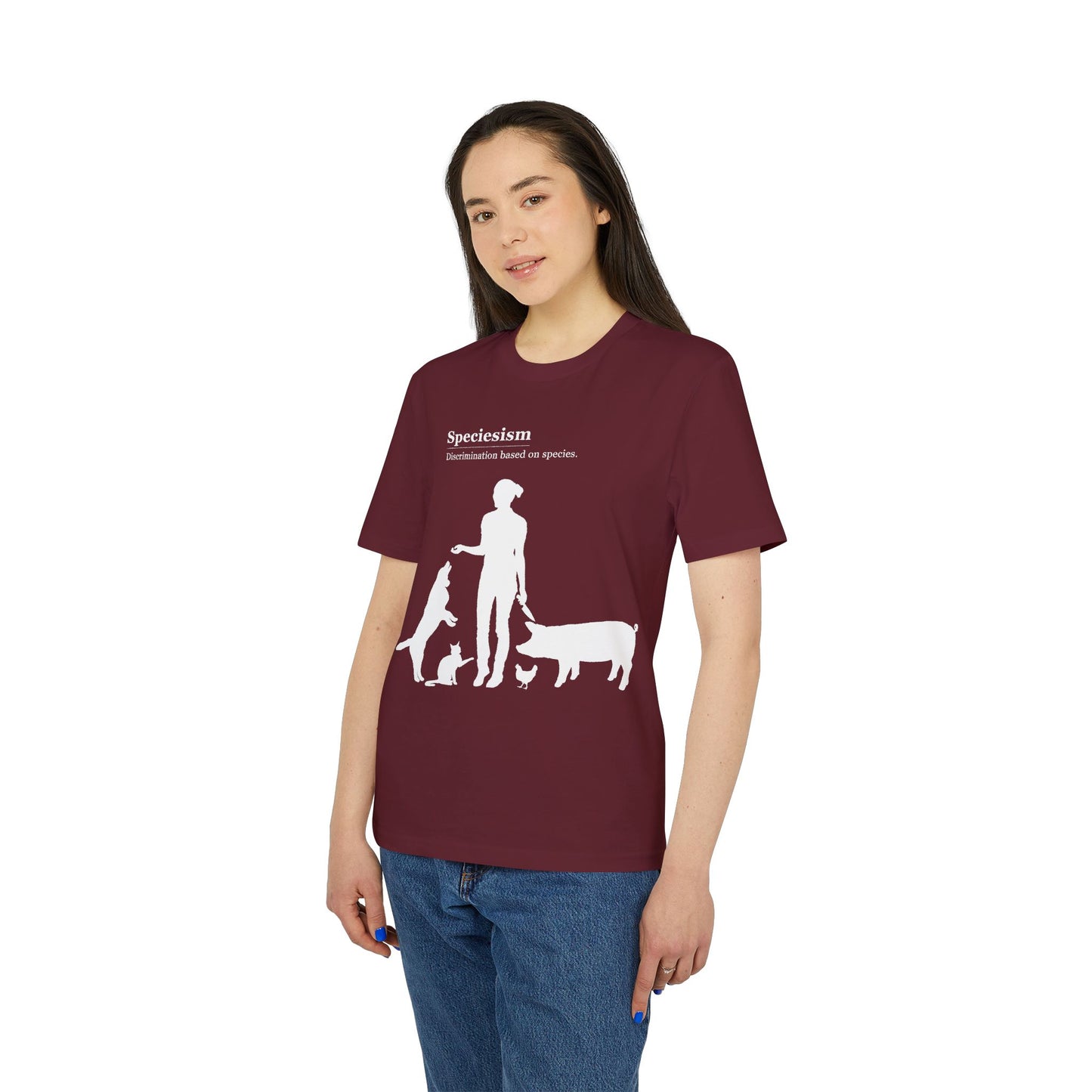 Speciesism Definition - Unisex T-Shirt - Woman with Dog, Cat, Pig, and Chicken