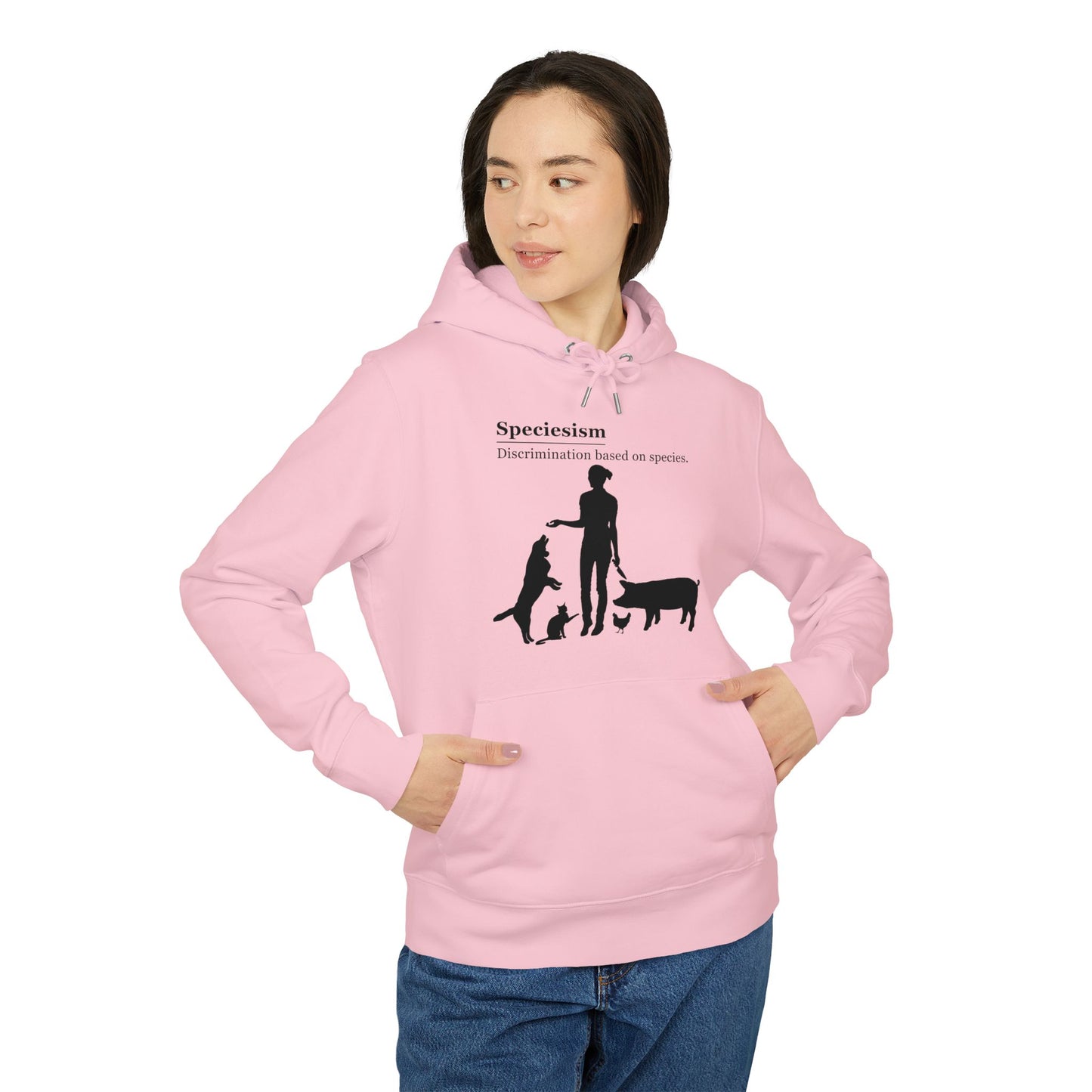 Speciesism Definition - Unisex Hoodie - Woman with Dog, Cat, Pig, and Chicken