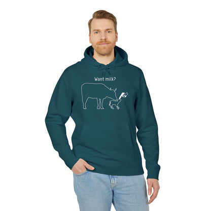Want Milk? - Unisex Hoodie - Confronting Milk consumers with Mother Cow, Calf and bolt gun