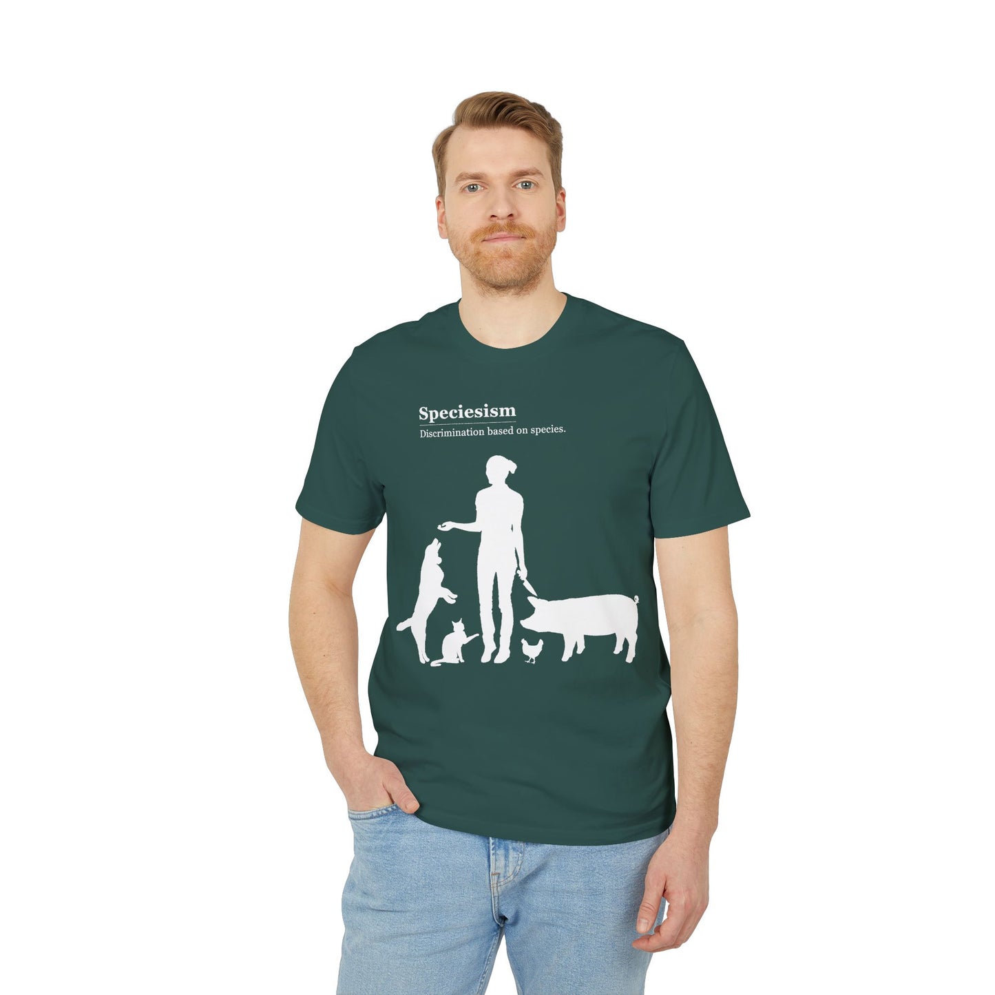 Speciesism Definition - Unisex T-Shirt - Woman with Dog, Cat, Pig, and Chicken