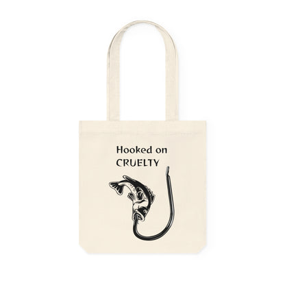 Hooked on Cruelty - Woven Tote Bag -  Graphic Design Against Fishing - Catch the eye of fishermen