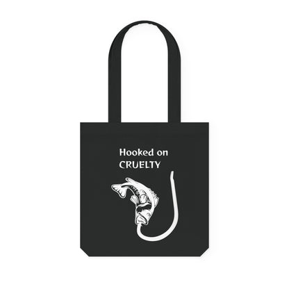 Hooked on Cruelty - Woven Tote Bag -  Graphic Design Against Fishing - Catch the eye of fishermen