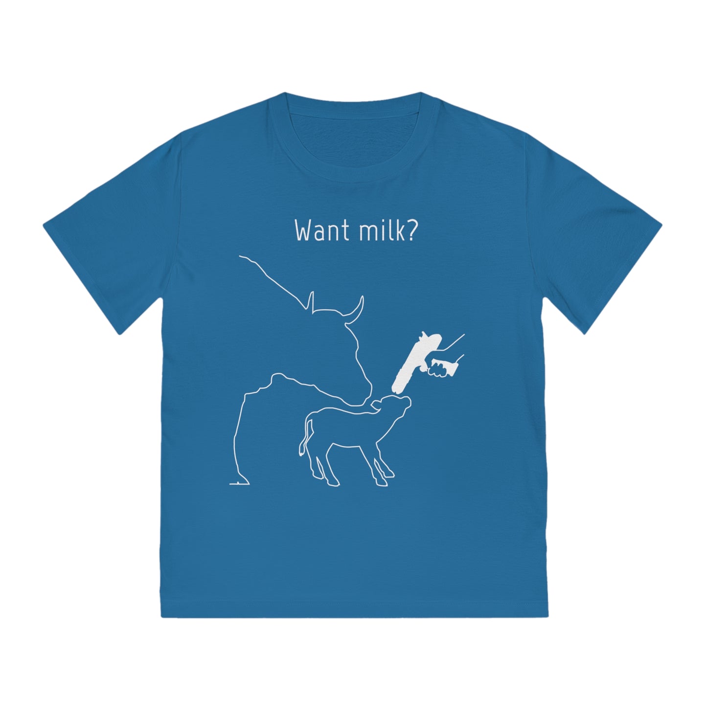 Want Milk? - Unisex Rocker T-shirt - Confronting Milk consumers with Mother Cow, Calf and bolt gun