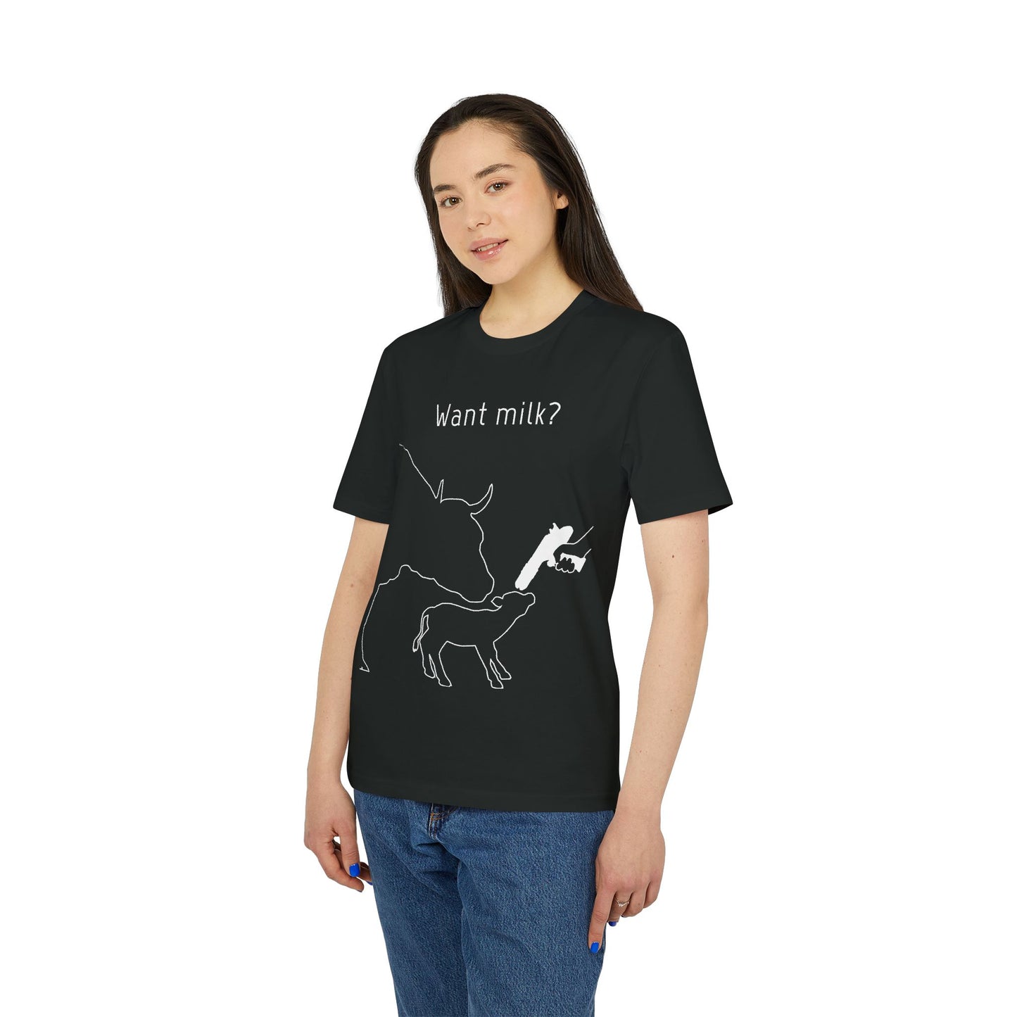 Want Milk? - Unisex T-shirt - Confronting Milk consumers with Mother Cow, Calf and bolt gun