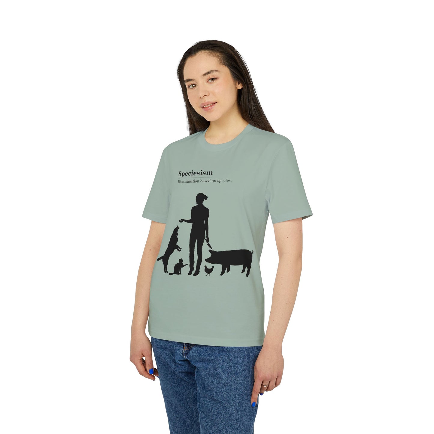 Speciesism Definition - Unisex T-Shirt - Woman with Dog, Cat, Pig, and Chicken