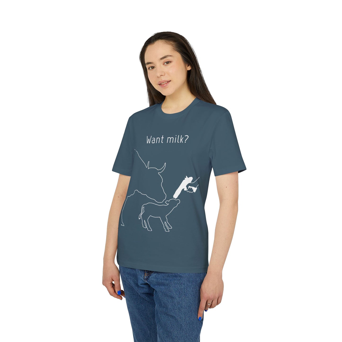 Want Milk? - Unisex T-shirt - Confronting Milk consumers with Mother Cow, Calf and bolt gun