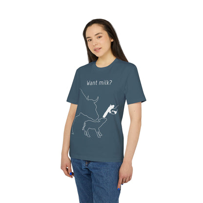 Want Milk? - Unisex T-shirt - Confronting Milk consumers with Mother Cow, Calf and bolt gun