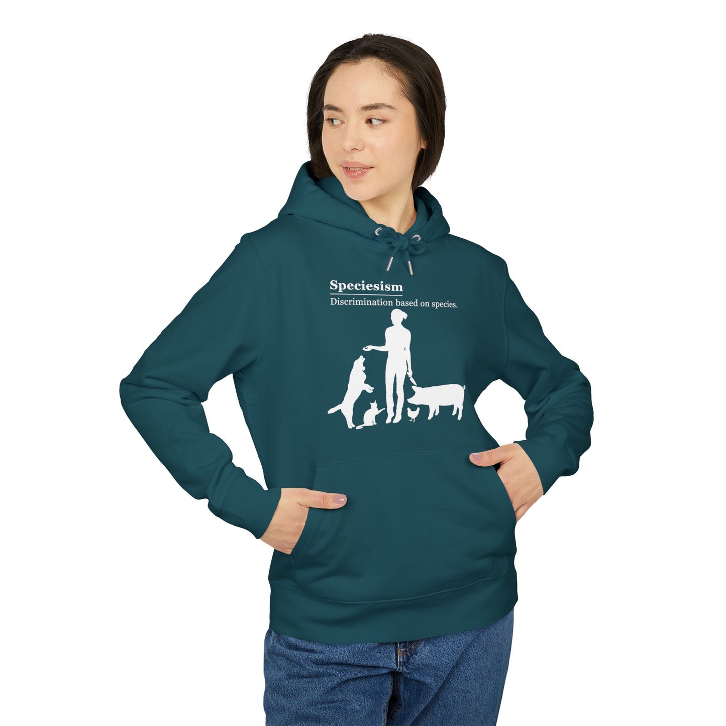 Speciesism Definition - Unisex Hoodie - Woman with Dog, Cat, Pig, and Chicken
