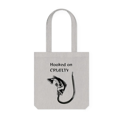Hooked on Cruelty - Woven Tote Bag -  Graphic Design Against Fishing - Catch the eye of fishermen