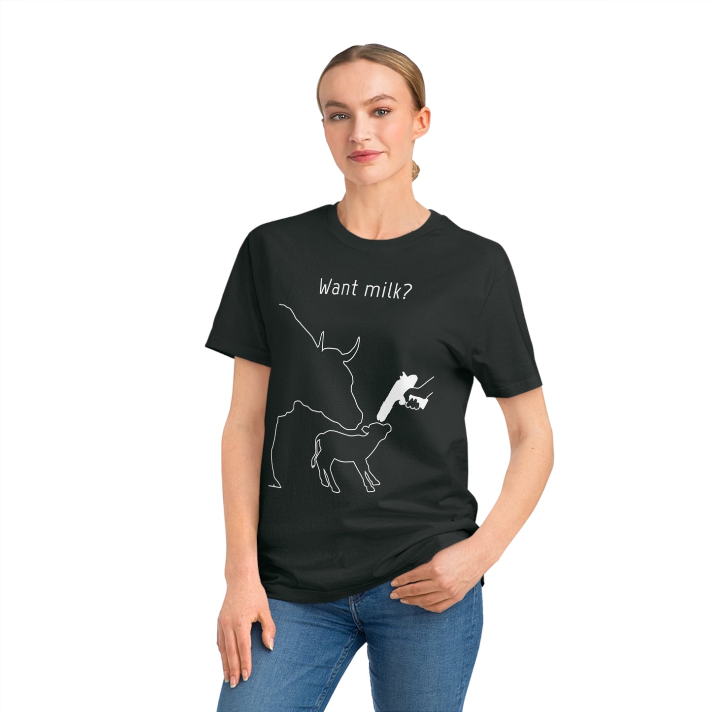 Want Milk? - Unisex Rocker T-shirt - Confronting Milk consumers with Mother Cow, Calf and bolt gun