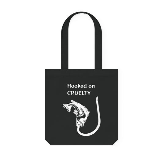Hooked on Cruelty - Woven Tote Bag -  Graphic Design Against Fishing - Catch the eye of fishermen