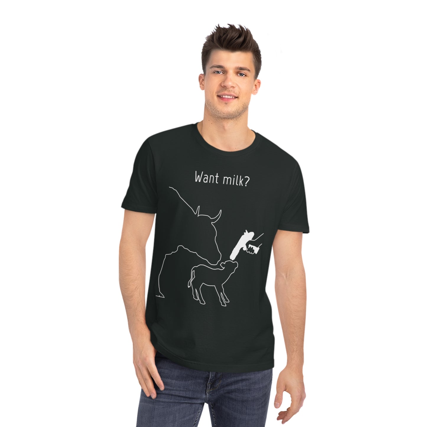 Want Milk? - Unisex Rocker T-shirt - Confronting Milk consumers with Mother Cow, Calf and bolt gun