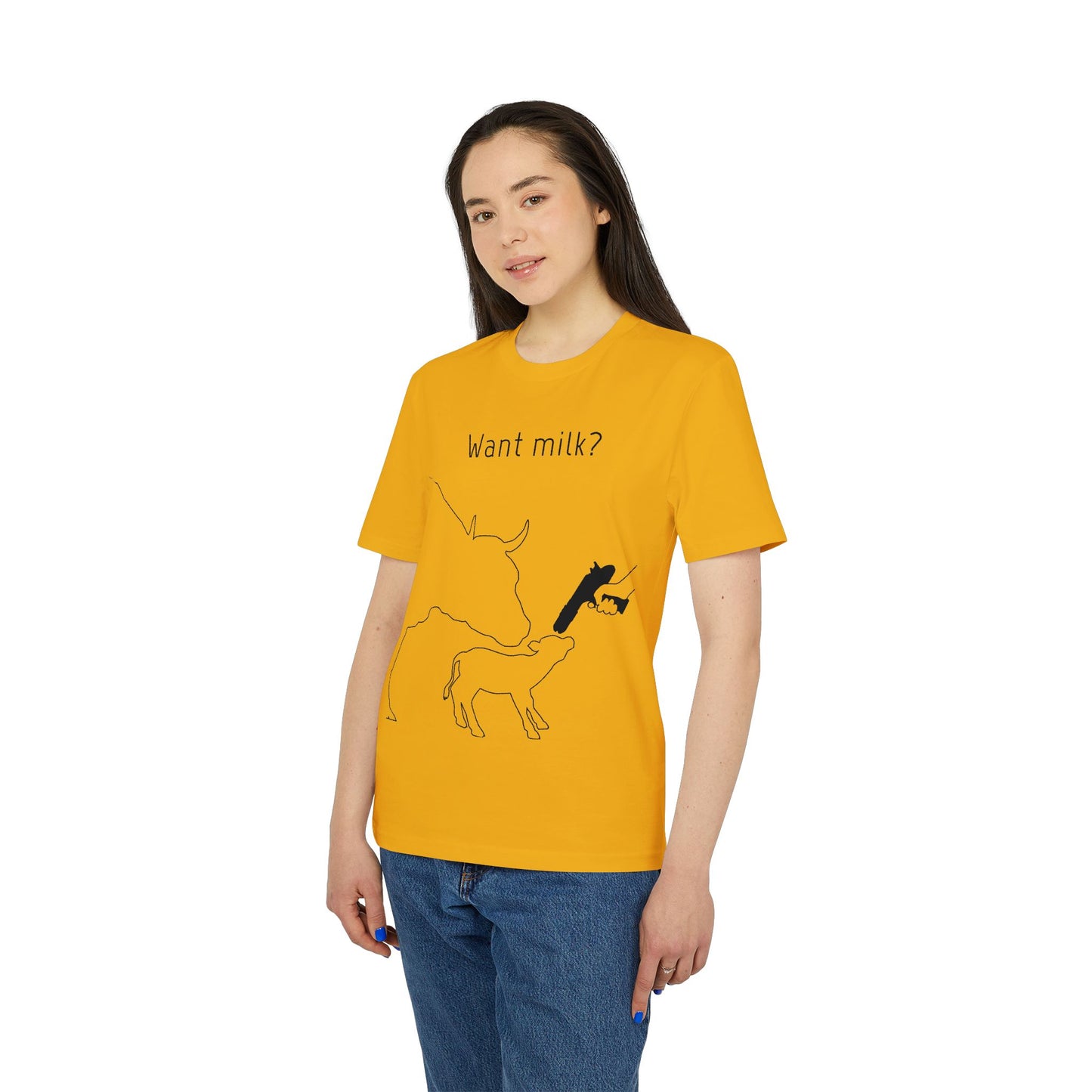 Want Milk? - Unisex T-shirt - Confronting Milk consumers with Mother Cow, Calf and bolt gun
