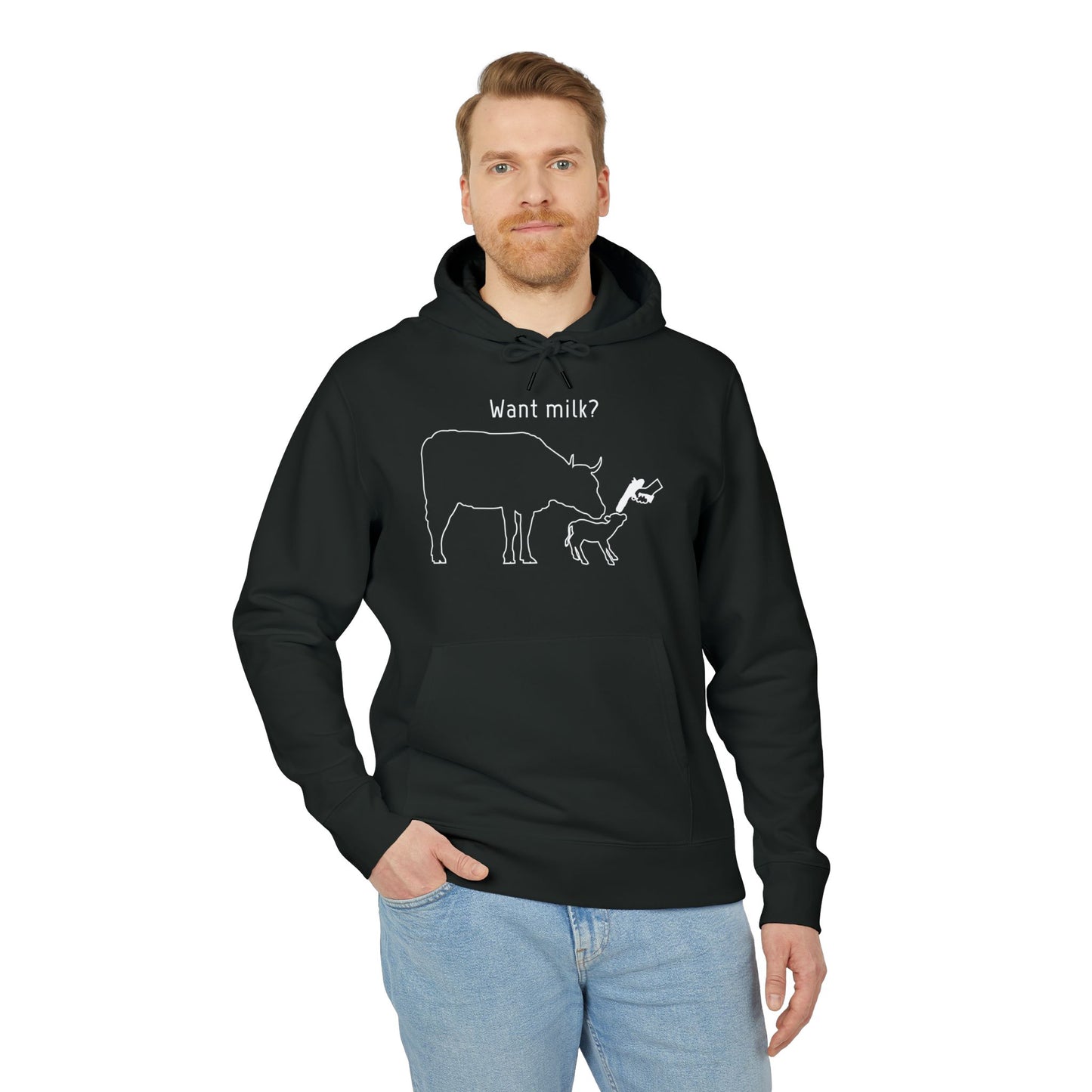Want Milk? - Unisex Hoodie - Confronting Milk consumers with Mother Cow, Calf and bolt gun