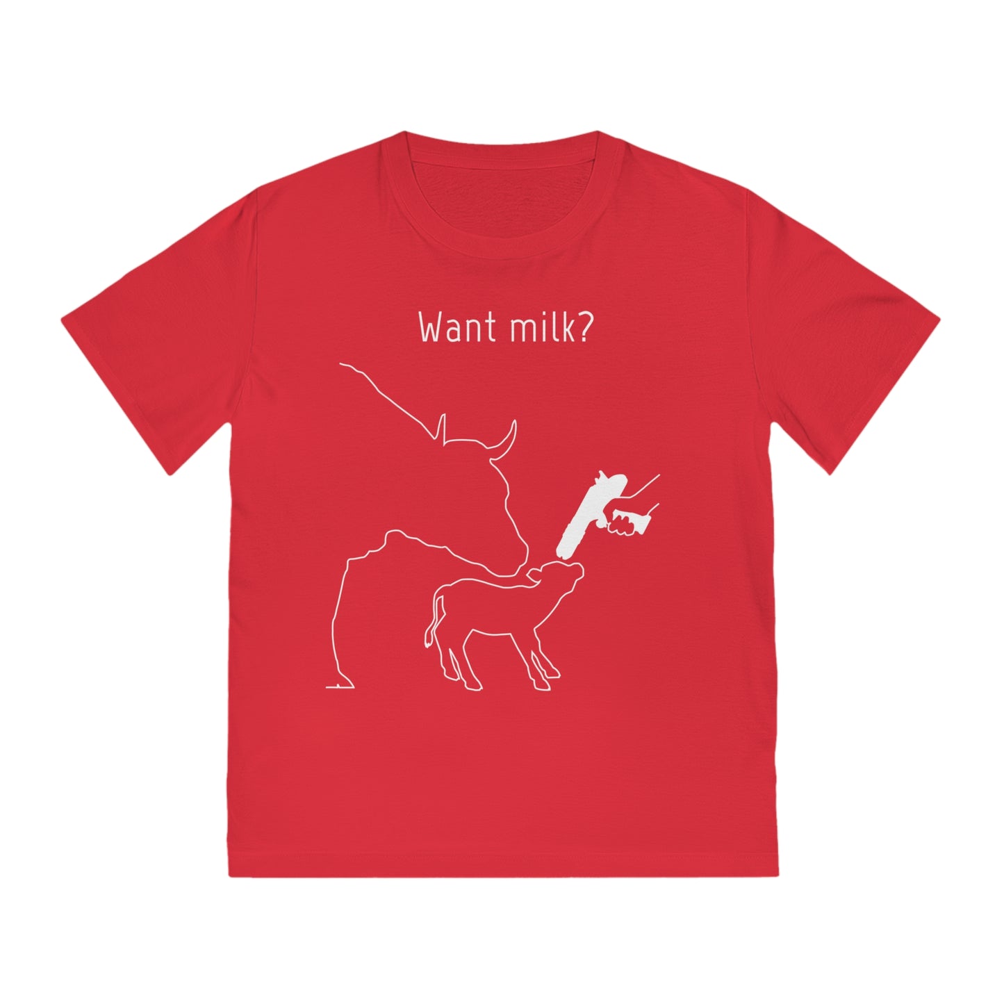 Want Milk? - Unisex Rocker T-shirt - Confronting Milk consumers with Mother Cow, Calf and bolt gun