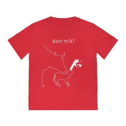 Want Milk? - Unisex Rocker T-shirt - Confronting Milk consumers with Mother Cow, Calf and bolt gun