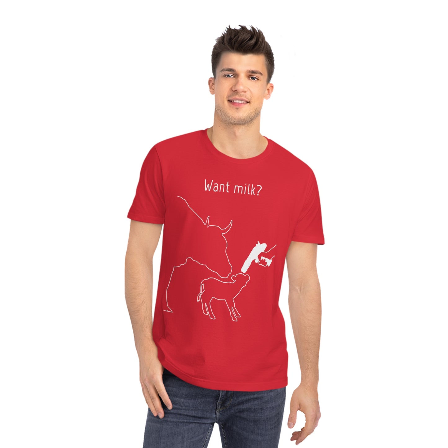 Want Milk? - Unisex Rocker T-shirt - Confronting Milk consumers with Mother Cow, Calf and bolt gun