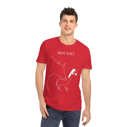 Want Milk? - Unisex Rocker T-shirt - Confronting Milk consumers with Mother Cow, Calf and bolt gun