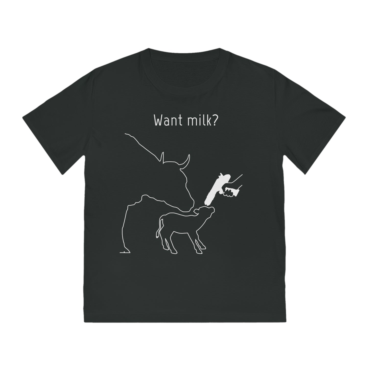 Want Milk? - Unisex Rocker T-shirt - Confronting Milk consumers with Mother Cow, Calf and bolt gun